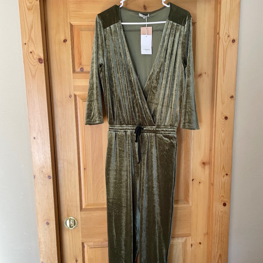 FRNCH Green Glitter Velvet Wrap Front Jumpsuit NEW Size Medium NWT